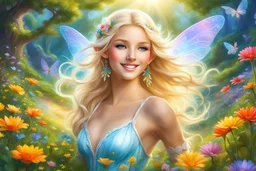 Enlighten amazing image Elegant Beautiful nice smiling elf faery with flowing blonde Hair, exploring the magical realm of Neverland magic bright colours. Picture her in a vibrant meadow surrounded by fantastical sweat creatures, lost in this timeless and(( dreamlike world)). Capture the essence of innocence, fear, and the endless obstacles that unfold in the encasing landscapes of Neverland stunning detail, creative, cinematic, amazing composition, fascinating, intricate details