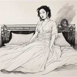 [An ink drawing on paper of Hotei] Dana lies on her bed, possessed by Zuul, she is waiting for the The Gatekeeper. she wears a transparent linen dress