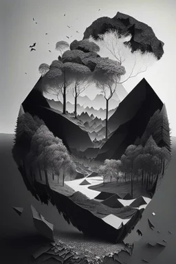 Beautiful landscape with trees, earth opens up and breaks down in black polygons.