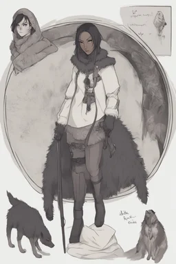 A dnd character sheet. A woman dressed for the cold north dressed in dark furs, with black hair