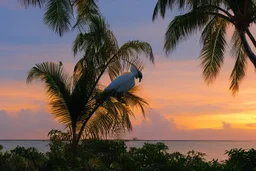 cockatoos, tropical paradise island, sunset