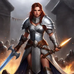 Chaingirl, a fierce warrior whose origins lie in the humble beginnings of a peasant life. Clad in nothing more than chainmail that glimmers in the light of the arena, she wields a massive two-handed warhammer with unrivaled skill and strength. her chainmail glistening in the spotlight, she crushes her opponents with a single devastating blow of her warhammer