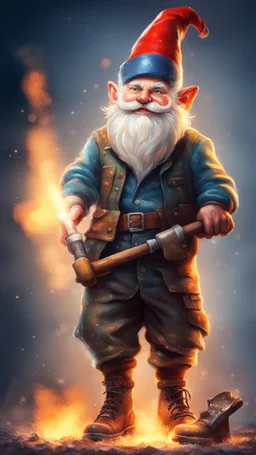 postcard portrait of bard post man sexy gnome fire man with old boots holding musket, sledge hammer, in spotlight, magazine cover illustration with spray paint, signed, bokeh like, down-light, unreal engine, prize winning