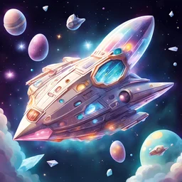 Generate an enchanting and futuristic image of a crystal spaceship flying in space. To add a whimsical touch, imagine an Easter bunny inside the spaceship joyfully throwing Easter eggs out of the window into space. childrens illustration.