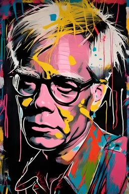 An abstract expressive oil and acrylic portrait of Andy Warhol), painted by Jean michel basquiat, close-up, bizarre, caricature, whimsical, bold brush strokes, oil stick, white crayon outlines, black grunge background, colourful marker pen, (neo-expressionism, pop art ),rich colour palettequirky, expressive lines, graffiti street art, cgsociety, detailed, impasto, acrylic paint splatter, focused, abstract art, vivid