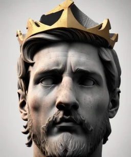 Gran angular, Realistic image, roman sculpture, marble deluxe material, Lionel Messi, gold Laurel leaves crown model, miguel angel style, chisel style, emperador, waist up portrait, cinematic lighting, God light, god rays, 4k resolution, smooth details, ornate details, soft lighting, unreal engine 5, soft cyan background.