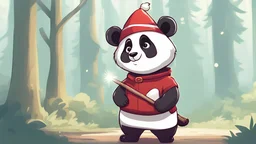 Draw me a picture in a cartoonish yet realistic style of a small panda with white fur standing in front of towering trees. The panda is wearing a red hat, holding a magical wand, and its eyes are sparkling with curiosity