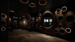 A set of circular mirrors of different sizes and at different heights randomly placed inside a room with a translucent wall through which light filters. The ceiling is dark and the floor is light and the mirrors produce unexpected reflections.