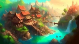 Fantasy art: fantasy village on the river with dam