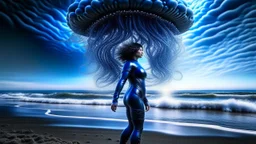 Wide-angle shot of a woman, standing to one side on a beach with huge waves, with dark hair in a silver robotic catsuit, many large blue jellyfish shaped like mushrooms with tentacles floating high up in the air, masterpiece, best quality, super detailed