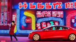 A Tesla's 'Model S Plaid' is doing donuts, at 'Lotte World', in Seoul (South Korea). CINEMATIC. WIDE ANGLE LENS.