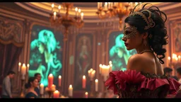 A Rococopunk-themed masquerade ball with a male figure of Middle-Eastern descent wearing a lavish mask and a female figure of European descent in a baroque dress. The room is filled with surreal floating candles and digital art displays.