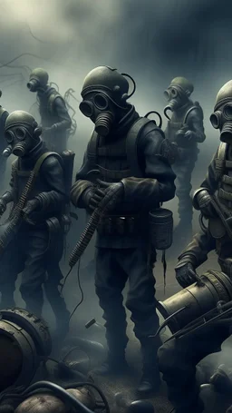 A musical band wearing gas masks, they are tied to their musical instruments ,surrealism of the dark of a nightmare ten miles high and six foot deep, hyper photorealistic, hyper detailed dark art color, high resolution, fog, octane render, tilt shift, HDRI Environment, all pictures dark gray