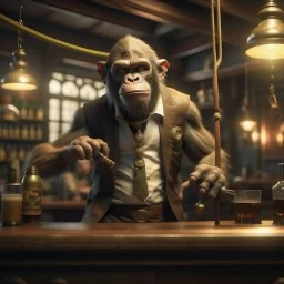 photorealistic dwarf a guy with a whip making music monkey wearing a tie in a bar