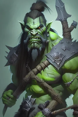 Create a portrait of Bremgor Gha'tok, a 1.85m tall Half-Orc explorer from Pathfinder. Muscular with green skin, unkempt beard, wielding a battle-axe, mace, and crossbow. Show his fierce nature with tusks