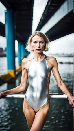 beautiful anorexic ukrainian woman, total shot, shiny silver triathlon swimsuit, short blond wavy bob hair, blurred city background