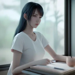 female student studying by the window, anime style,perfect face, cool face, ultra detail, unreal engine 5, cinema4d, sun light, studio lighting --ar 1:1 --v 4