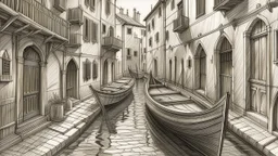 A detailed pencil sketch of a narrow Venetian canal with boats and buildings in the background, dappled lighting creating a dreamy atmosphere, intricate shading adding depth to the scene