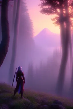 dark elf, lord of the rings, forest, sunset, mystic, fog render unreal