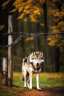 large wolf chained to a post