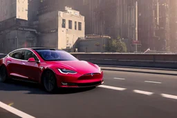 A Tesla 'Model S' is drifting at high speeds, near the 'Pier 11' in Manhattan. (CINEMATIC, WIDE ANGLE LENS, PHOTO REAL)