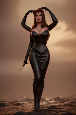 Raquel Welch as evil queen in black leather gown, angry, busty, curvey, cleavage, unreal 5, octane render,cinema4d, dynamic lighting, dramatic lighting, 4k, redshift render, highly detailed, hyper realistic