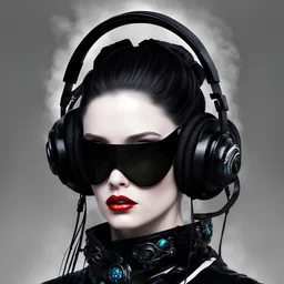 woman, female, pale skin, headphones, dark straight hair, massive ponytail, bang, implants, googles sunglasses opera mask, huge cervical collar shackle, leather, vinyl+fabric lacquer wear,sci-fi, mystic, decay, oil, glitch, optical illusion, fractal, intricate, coal, ink, ash, holography, gradients, noise texture, cyber, technological, bionic, hyper realistic, high quality, high resolution, 4k, raw, iso 100, photography, fashion, lifestyle, sharp,