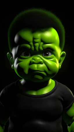 cute baby hulk, photo realistic, wearing a tshirt unreal engine, cinematic lighting, 8k in black background