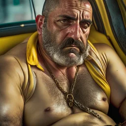 full body shot photography of an Italian sicilian taxi driver burly ugly sitting in the taxi, chubby tired 45 years old driving shirtless, bullneck, thin gold chains, short beard, sweat, short hair, bulge, robust, manly chest, looking down, big shoulders,, photorealistic, side light, ambient occlusion, tired eyes. 35mm lens, internal view inside the Taxi