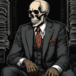 LINE TONE, WSJ STYLE, HEDCUT, ultra high image quality, HEAD AND SHOULDERS SHOT, SKELETON, WEARING A 3 PIECE SUIT, POSED FOR DOLLAR BILL PORTRAIT, , Close-up of an set against AMOLED-worthy pure black backdrop, fantasy art style infused with filter, tailored for vertical wallpaper, exclusive design with no duplicates, radiating beauty suitable for a PC screen image, vivid colors, ultra fine, digital painting, BASED ON THE UNITED STATES TREASURY NOTE ONE DOLLAR BILL