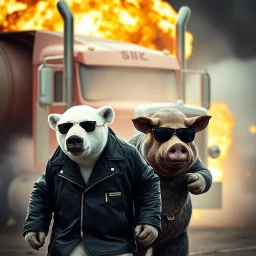 Create a Grainy movie still encapsulating a dramatic, gritty action scene. A white polar bear and a rough-skinned pig, both anthropomorphized and hip-looking, are the characters of focus. The polar bear is flaunting a black leather coat, and both characters sport stylish shades. They strut forward against the backdrop of a fiery explosion of an oil tanker semi truck, evoking aesthetic elements often seen in popular high-octane action films of the 2000s.