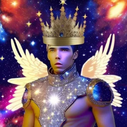 A battle suit made of galaxies and stars with a glove that has seven endless stones,A god-like man with infinite power who owns the galaxies,God-like man with infinite power who owns the galaxies and wears a beautiful crown, a jewel of diamonds and galaxies with weapons riding on a creature with an eagle head and eagle wings and eagle hands