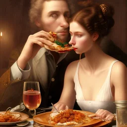 A girl eating a meal with her lover who is having an erection