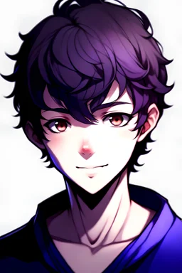 anime boy with short curly dark purple hair, with dark brown eyes, body fat