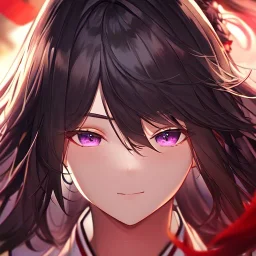 Clear focus,High resolution,8k, Beatiful Lighting, black short fluffy hair, long fluffy bangs, purple eyes, wearing a miko outfit, extreme close up