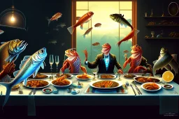 supper, fish sit at the table and eat pieces of people.