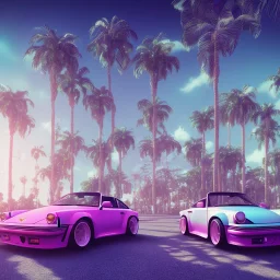 1980's aesthetic vaporwave palm trees and spheres and neon Porsche