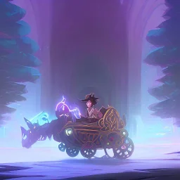 Little Boy hiding in magical carriage led by unicorns at night Nick Harris style