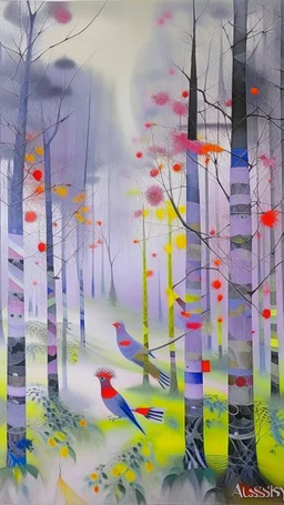 A light palish violet foggy forest with birds painted by Wassily Kandinsky