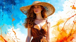 Vintage art, brown and orange shades, sunny day, straw hat for woman, summer dress, splashes of art, in the style of Dante Gabriel Rossetti, Yossi Kotler, Camilla D'Errico, masterpiece, fine art in the style of Carne Griffiths, Paula Hoppe