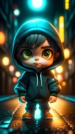 Cute chibi boy pop star with glowing green eyes in a hoodie walking down a dark street at night, 4K, 8K, 3D, Exquisite detail-logotype, very detailed elegant style, 3-Dimensional, hyper realistic, extremely detailed, hyper realistic, 3d render, photo