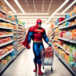 A superhero with a shopping cart is shopping in a supermarket.