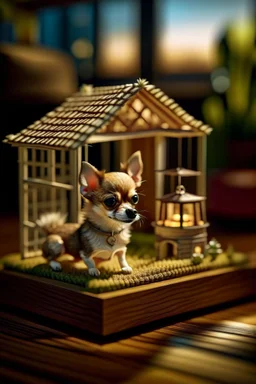 macro photo of Chihuahua in dog house on isometric model on beautiful luxury kitchen table,luxury salt lamp, glass walls and tunnels in isometric perspective, photo-realistic, shot on Hasselblad h6d-400c, zeiss prime lens, bokeh like f/0.8, tilt-shift lens 8k, high detail, smooth render, down-light, unreal engine 5, cinema 4d, HDR