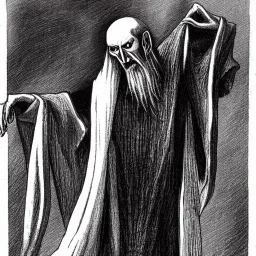 Russian Orthodox nosferatu vampire with a long beard made of flesh with long arms and fingers and a robe made a human faces