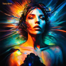 piece of album art with a women fusion with light, abstract experimental style album cover, high level of noise and subtle texture, psychedelic cover, shapes and lines. Title: TUDO ALMA