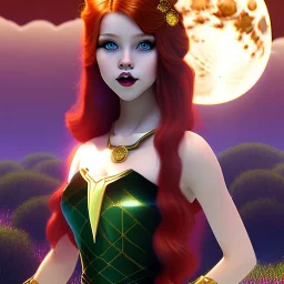 Attractive teenage girl with red hair with golden highlights, who is dressed like a witch casting a spell with a quarterstaff on the moon, there are critters, the moon is a solar eclipse, green eyes looking at the moon, background is realistic space, the girl is on a planet, goth girl dress, full body portrait, arm colors gradient effect into stars, rendered, unity 3d, unreal engine, dslr, hdr, 4k, edited, photorealistic, normal number of appendages, freckles, artists rendered