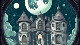 un astronauto y una bruja viajan dentro de una burg¡buja hacia la luna. Mostrar de fondo una noche estrellada con la luna brillante