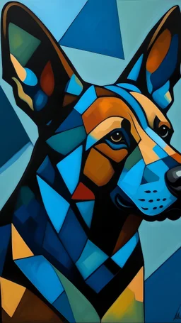 cubist horned german shepherd with a palette of blues