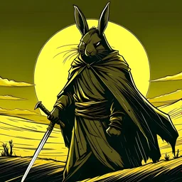 cape hare humanoid, shadowy desert wanderer, black fur, wielding two identical short curved daggers, persian style muted yellow color cloak with ears folded into the hood, night time, thematic tone wash, characteristic comic style