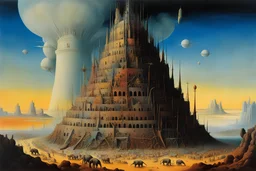 Mystics building the tower of Babel, Elephants with long legs used as scaffolds, expansive art, surreal art, by Yves Tanguy, colorful, cel-shading, Progressive Rock album cover art graphics by George Hardie.